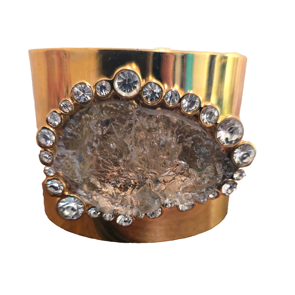 NWT Kara Ross gold-tone cuff bracelet central crystal geode cubic Zirconia